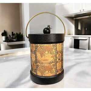 Kraftware Ice Bucket World Map Alcohol Advertising Man Cave USA Barware Vintage